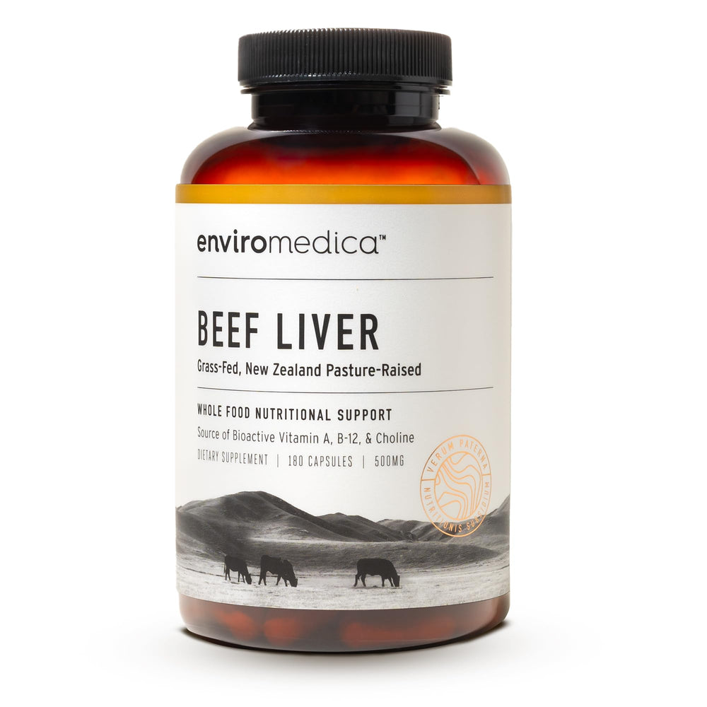 Bottle of Enviromedica Grass Fed Beef Liver Capsules on white background