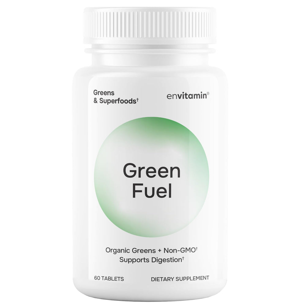 Front view of envitamin Green Fuel Organic Greens Tablets bottle