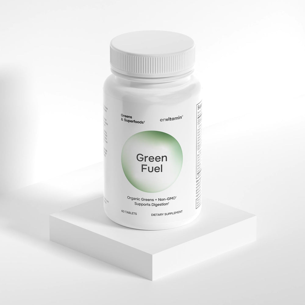 envitamin Green Fuel packaging with Organic Greens blend visuals