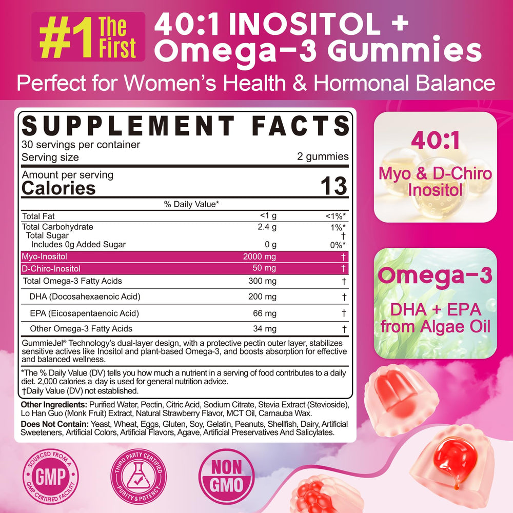 Back view of EnvyCure Inositol + Omega-3 Gummies bottle with supplement facts