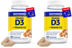 Enzymedica D3+K2 bottle label showing 5,000 IU D3 and 90 mcg K2 MK-7