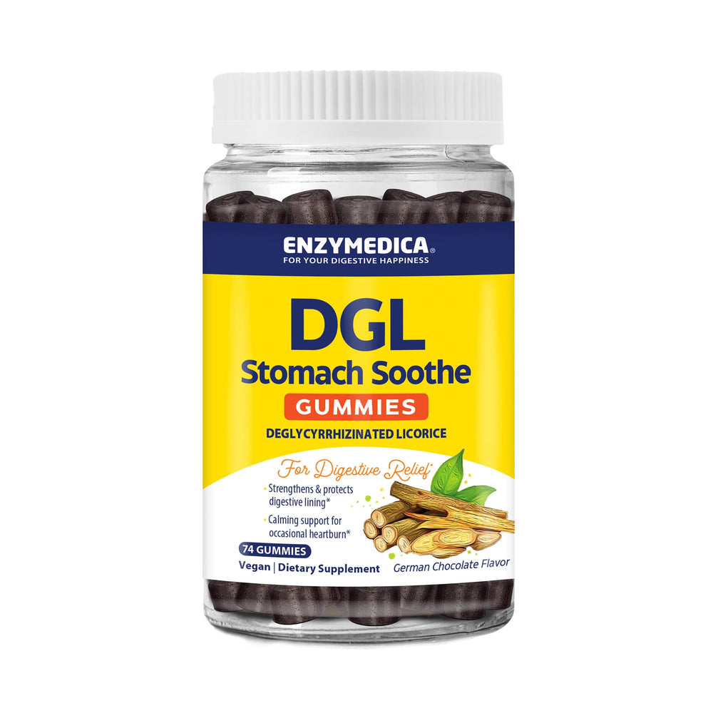 Enzymedica DGL Stomach Soothe Gummies chocolate flavor packaging (74 count)