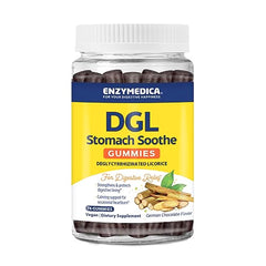 Close-up of DGL Stomach Soothe Gummies in chocolate flavor