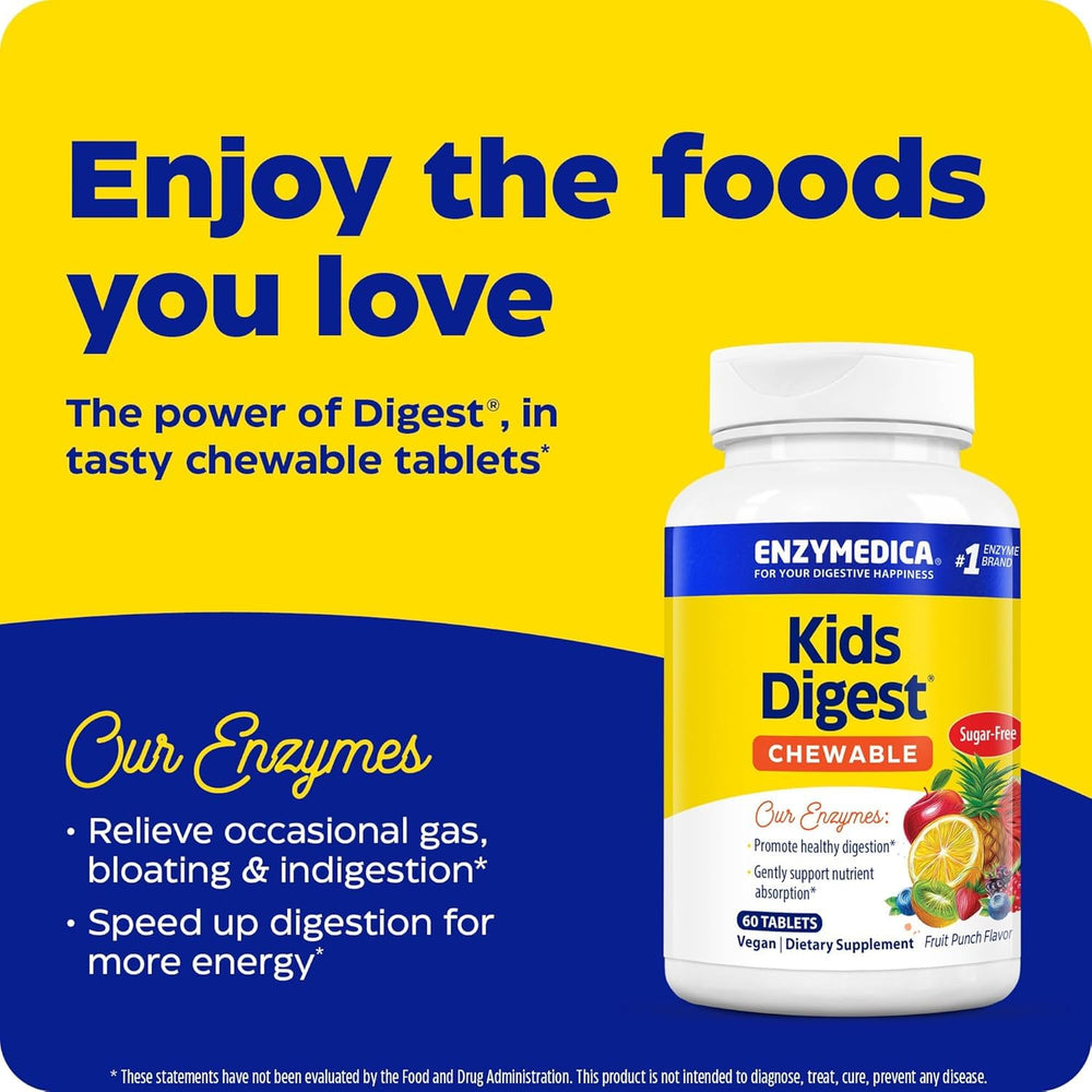 Kid-friendly chewable digestive enzymes in fruit punch packaging