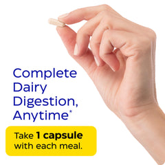 Graphic showing 3-in-1 dairy digestion: lactose, casein, and fat