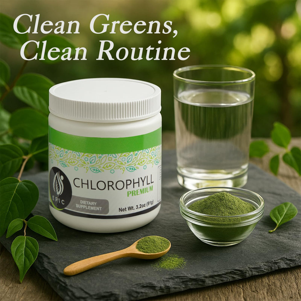 Scoop of chlorophyll powder poured into a glass of mint water