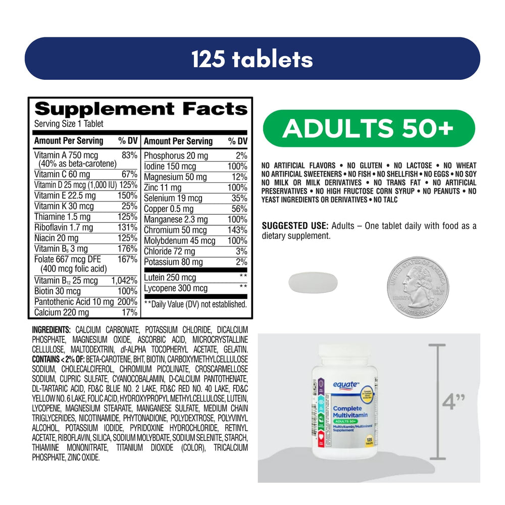 Retail packaging of Equate 50+ One Daily Multivitamin with 125 pills (pack of 1)
