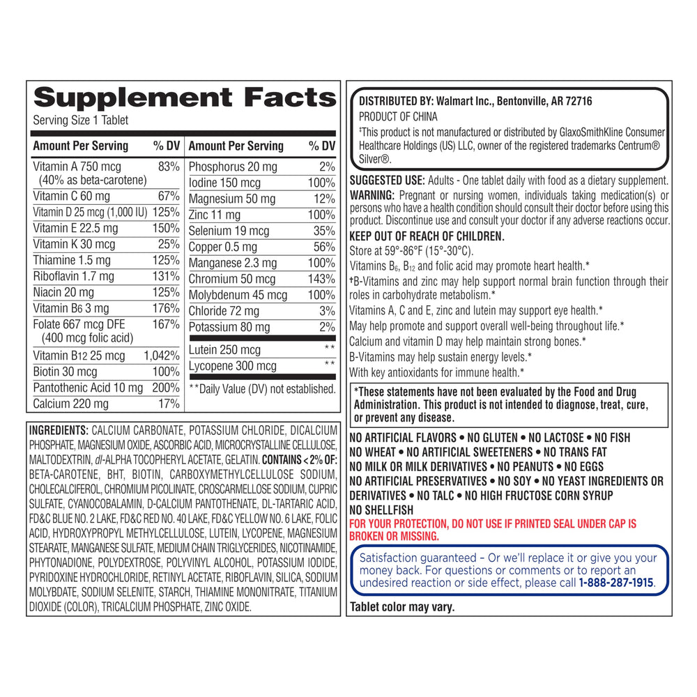 Close-up of vitamins and bottle for Equate 50+ multivitamin