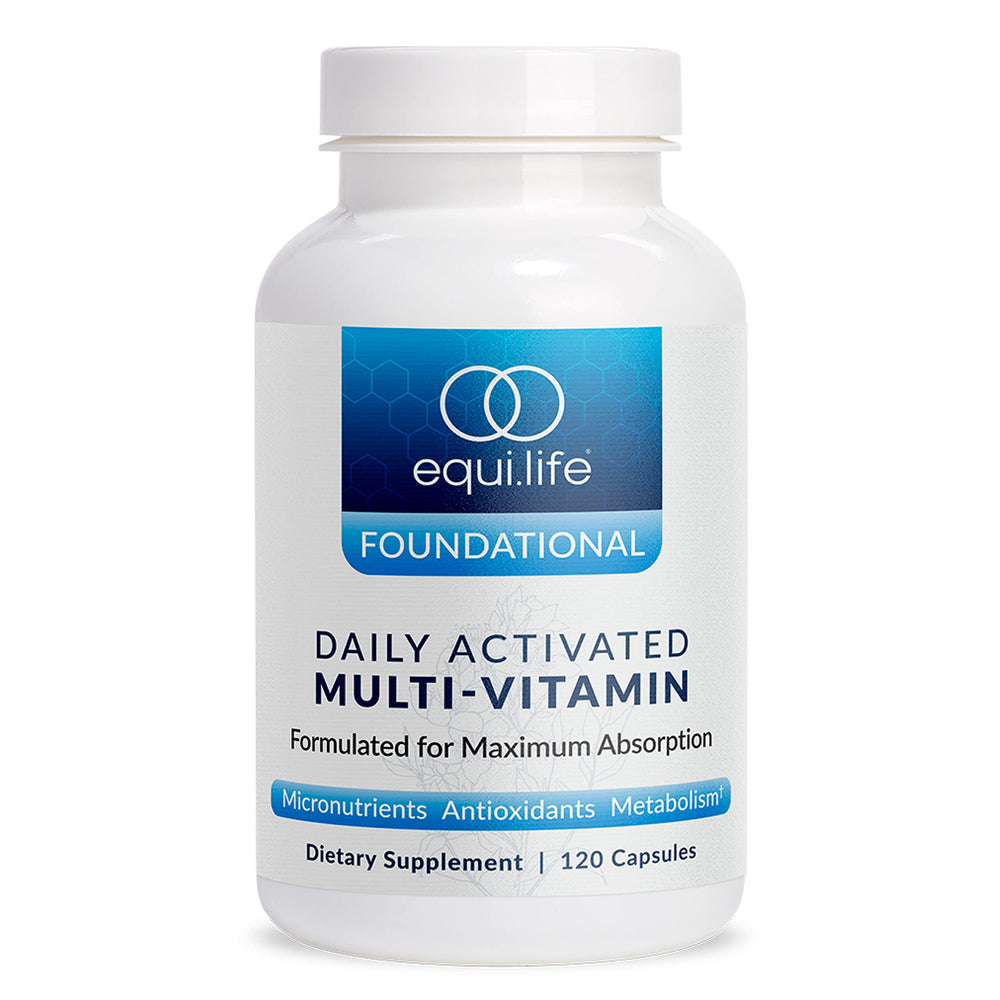 Front view of Equilife Daily Activated Multivitamin bottle