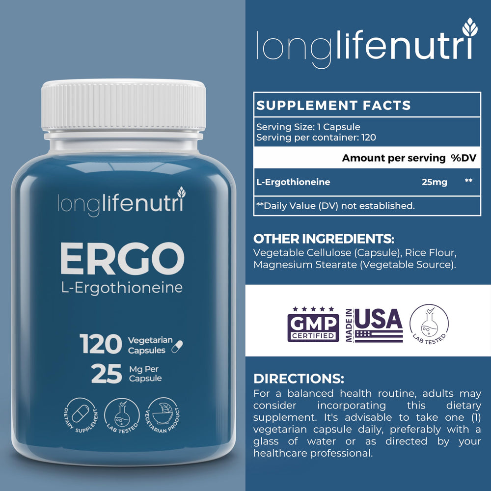 Ergothioneine 25mg vegetarian capsules for a 4-month supply
