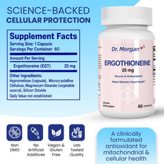 Close-up of ergothioneine bottle with 60 capsules