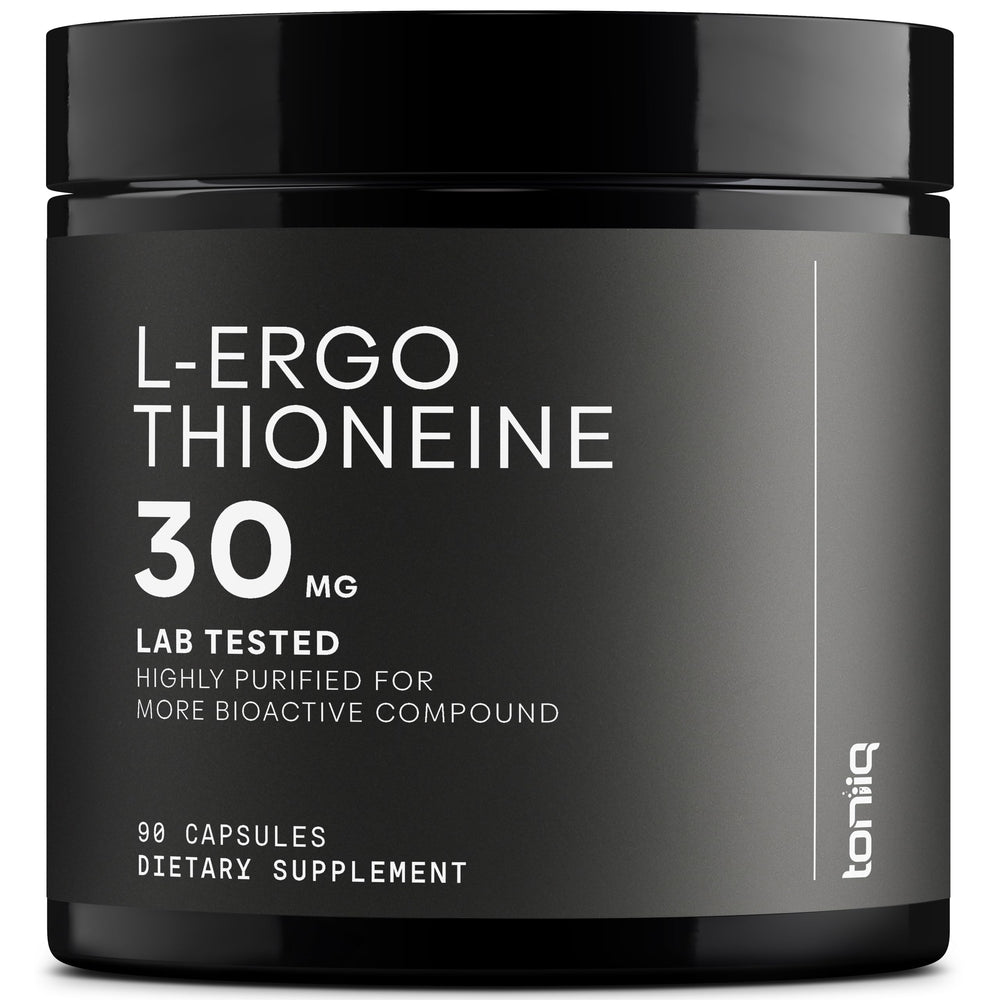 Product bottle and label highlighting Ergothioneine with MitoPrime 30mg, 98% purity, 90 capsules