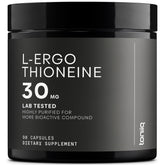 Product bottle and label highlighting Ergothioneine with MitoPrime 30mg, 98% purity, 90 capsules