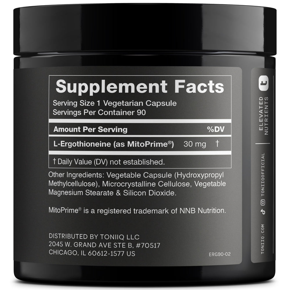 Detail shot of MitoPrime L-Ergothioneine formula emphasizing high purity