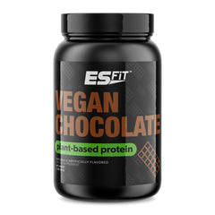 ES FIT Plant Based Protein tub closeup, rich powder texture supporting smooth shakes and recovery.