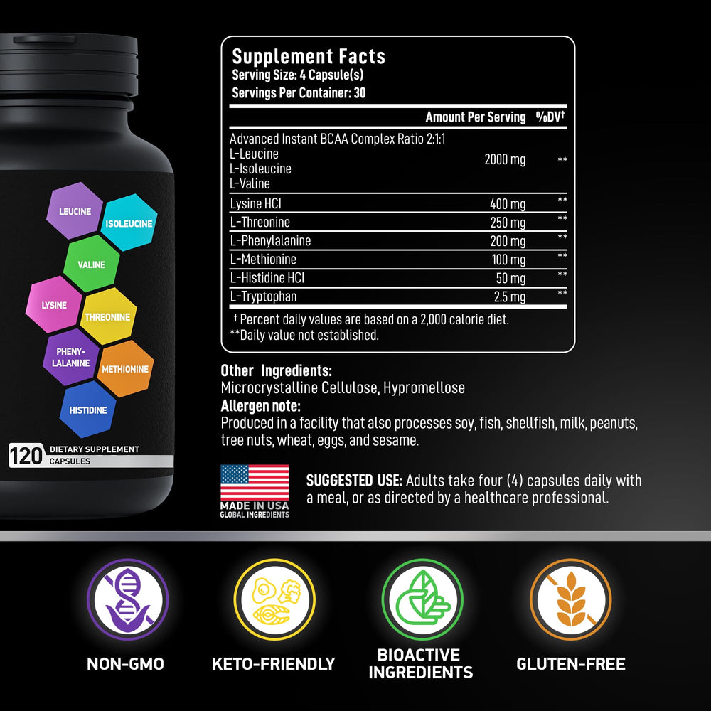 Keto-friendly EAA BCAA pills label on bottle