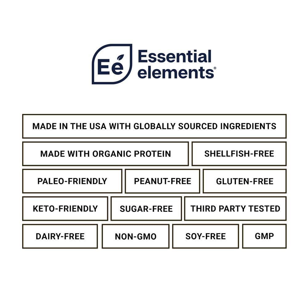 Back panel nutrition and certifications of Essential Elements Pea Protein Powder - Very Vanilla