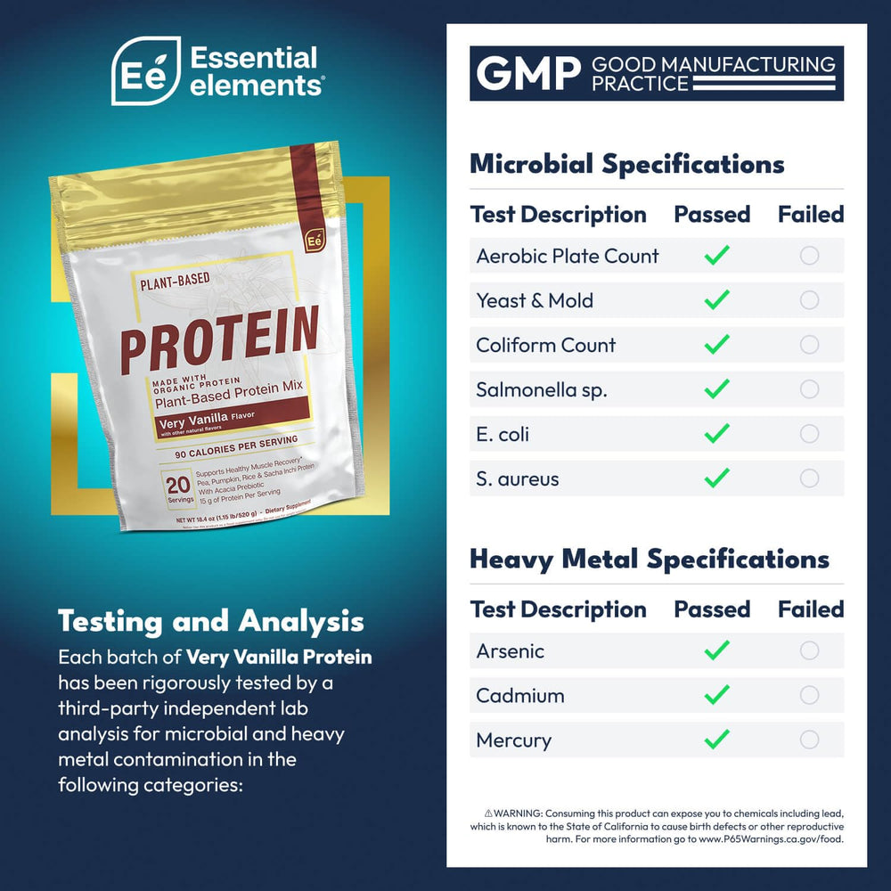 Side view of Essential Elements Pea Protein Powder - Very Vanilla jar and label