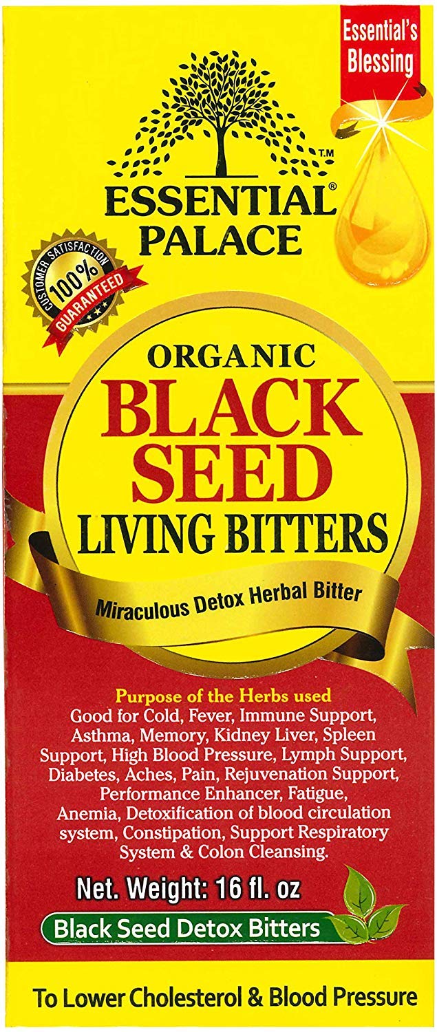 Essential Palace Organic Black Seed Detox Living Bitters 16 oz bottle - front view