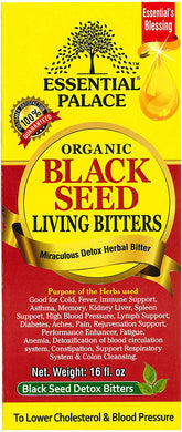Essential Palace Organic Black Seed Detox Living Bitters 16 oz bottle - front view