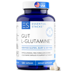 Bottle of Essential Stacks Gut L-Glutamine Capsules 1000mg – Made in USA