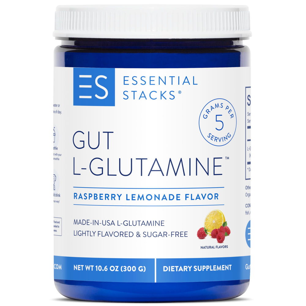 Bottle of Essential Stacks Gut L-Glutamine Raspberry Lemonade powder - USA made, 50 servings