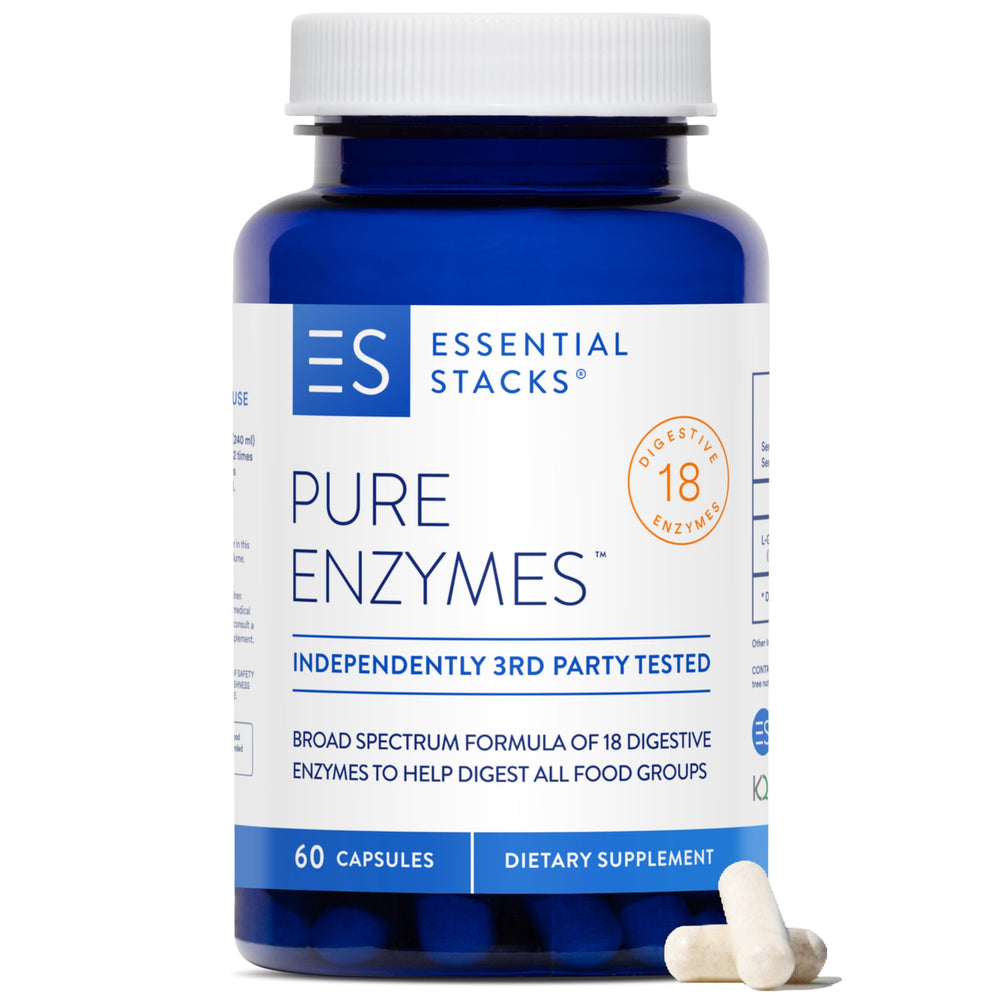 Bottle of Essential Stacks Pure Digestive Enzymes with label
