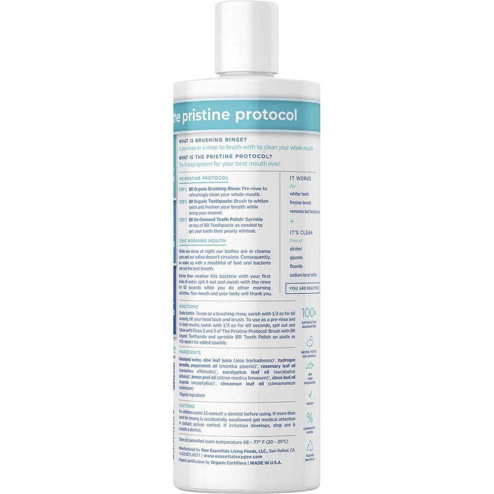 Label of Essentialoxygen Peppermint Brushing Rinse with mint design