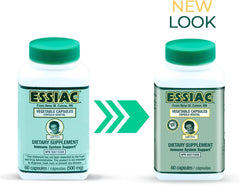 Back label of Essiac Tea capsules with ingredients and dosage information