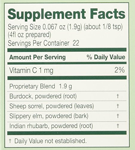 Ingredients: burdock root, sheep sorrel, slippery elm bark, Indian rhubarb root
