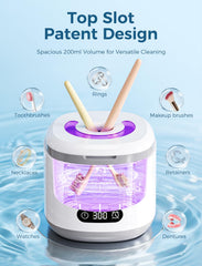 Retainer, dentures, and aligners being cleaned in the device