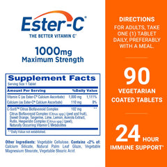 Ester-C 1000 mg bottle side angle, shows compact, easy-to-swallow coating.