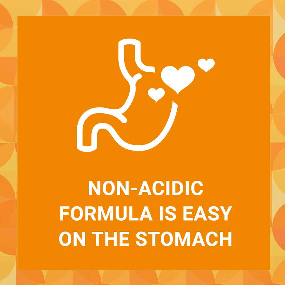 Ester-C 1000 mg supplement facts close-up, non-acidic and stomach-friendly.