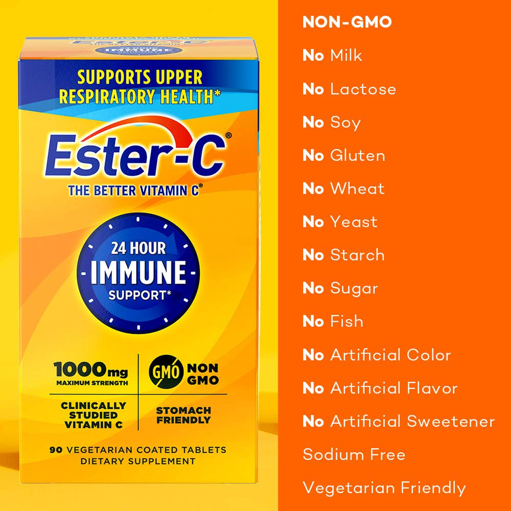 Ester-C 1000 mg tablets close-up, coated for gentle ingestion.