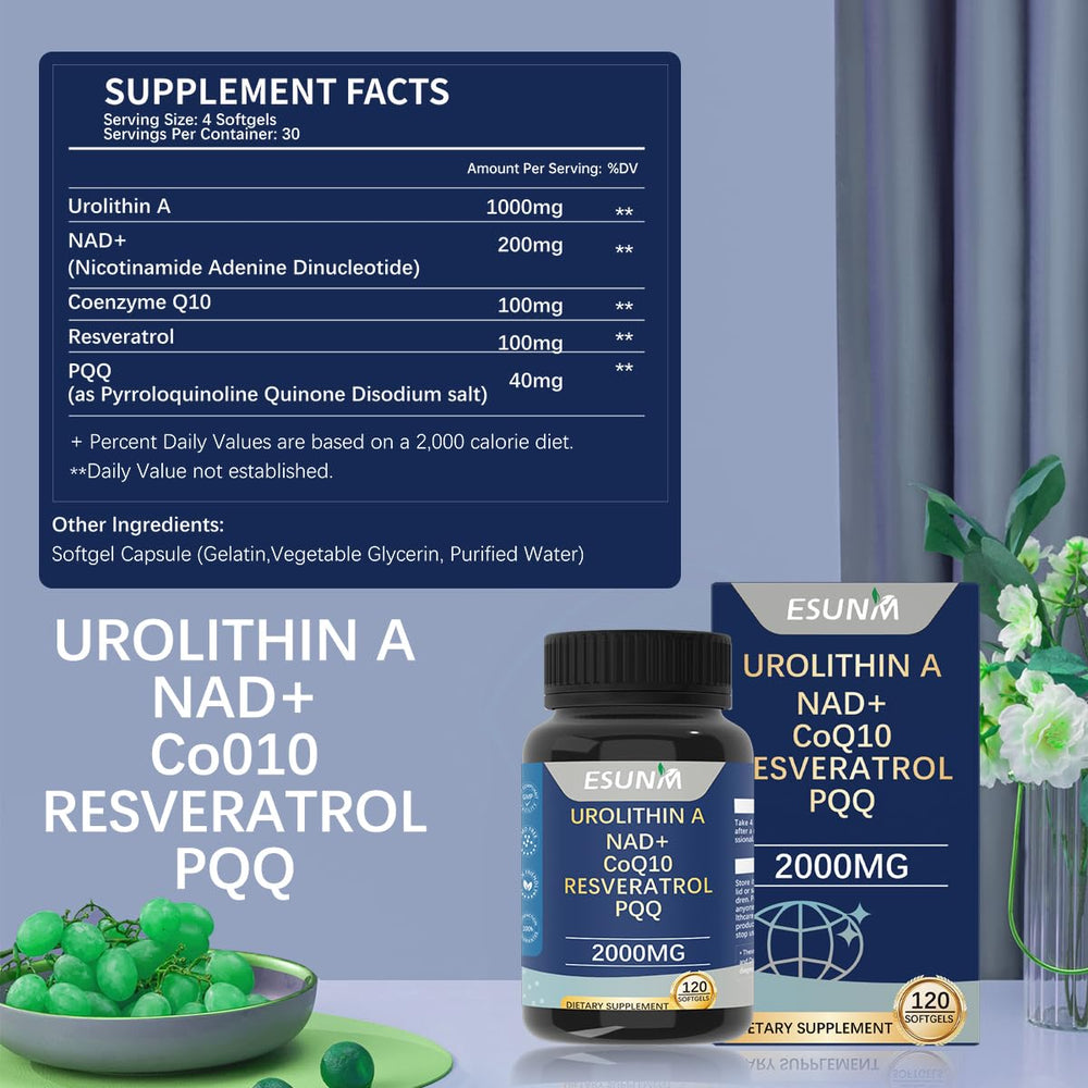 Close-up of Urolithin A capsules with NAD+, CoQ10, Resveratrol and PQQ ingredients