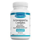 EuroMedica Ashwagandha Complex bottle with label showing 60 capsules