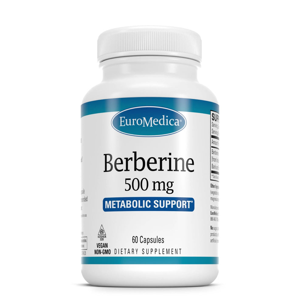 EuroMedica Berberine 500 mg bottle with label focusing on brain and heart health