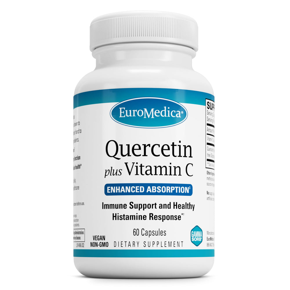EuroMedica Quercetin Plus Vitamin C bottle label featuring 60 capsules