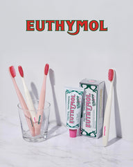 Euthymol branding on pink toothbrush with 6-pack count