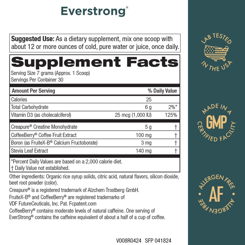 Close-up of EverStrong Berry Burst 210g label