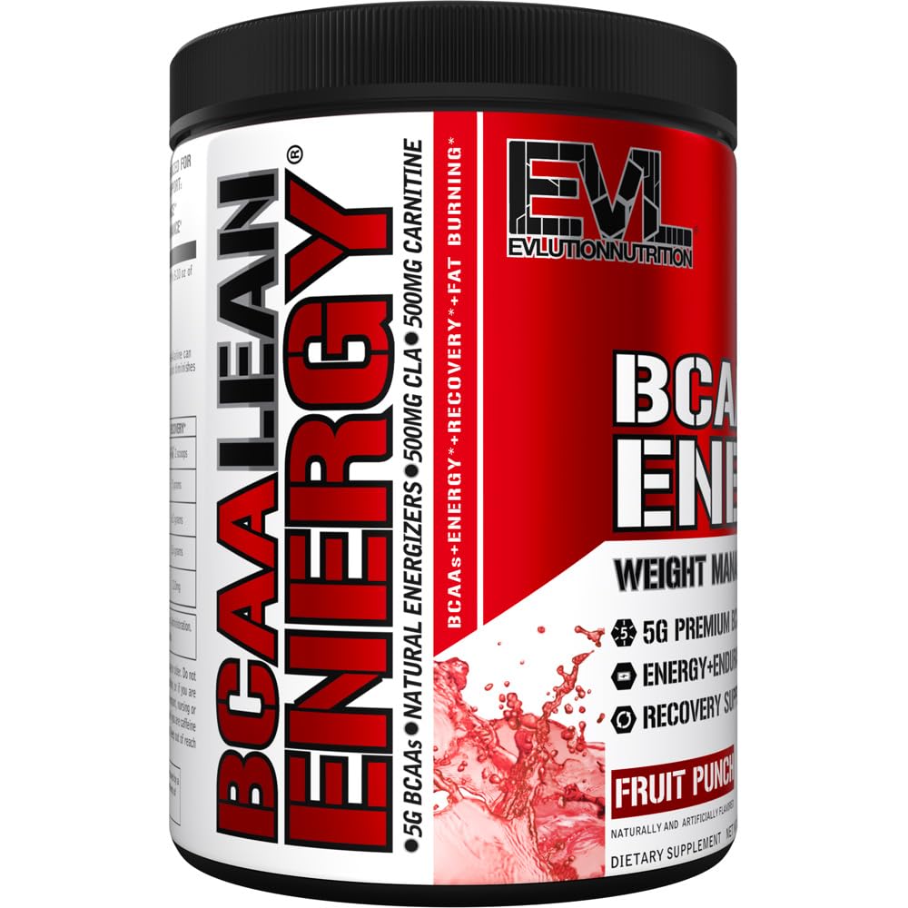 Scooped serving of EVL BCAA Lean Energy Powder next to glass – Fruit Punch