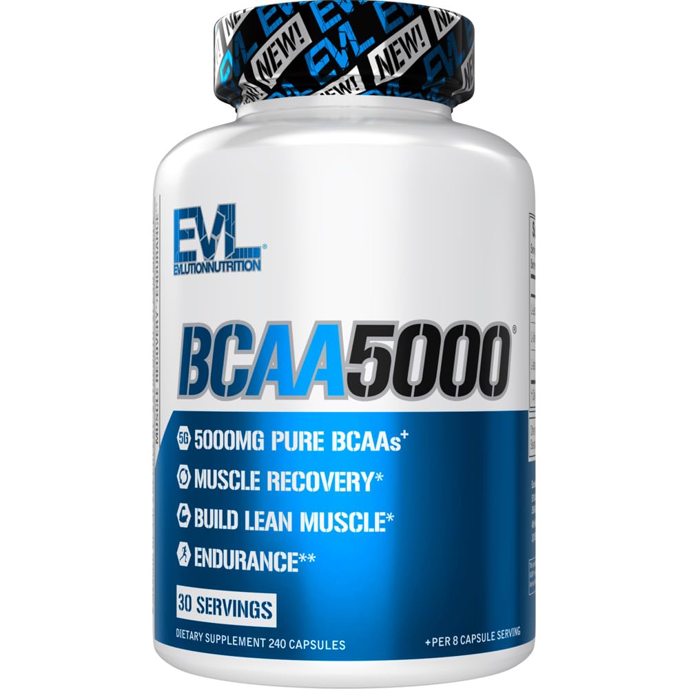 EVL BCAA5000 bottle label shows easy dosing for post-workout recovery.