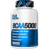 EVL BCAA5000 bottle label shows easy dosing for post-workout recovery.