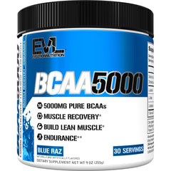 EVL BCAAs powder Blue Raz scoop with container