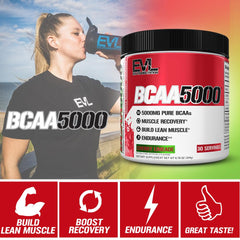 Close-up of EVL BCAAs packaging showing 5g BCAA 2:1:1 ratio
