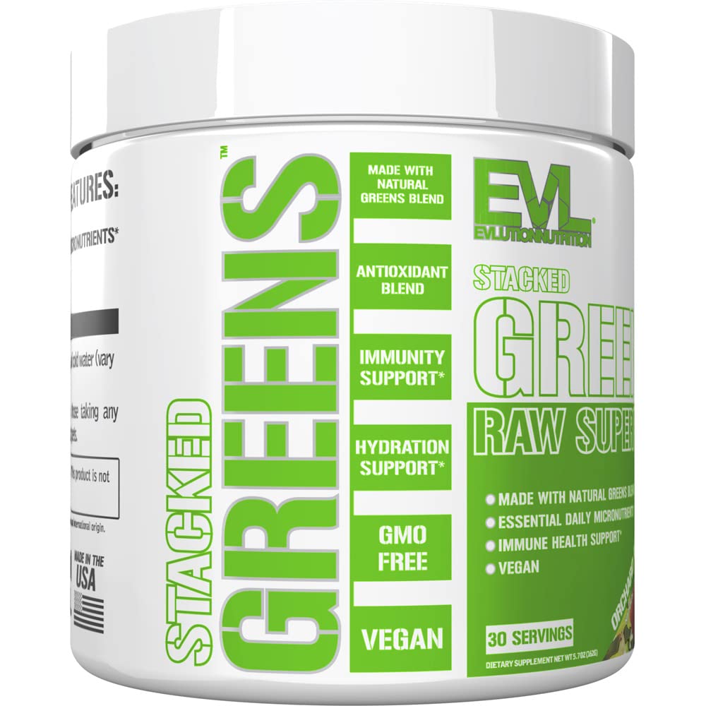 Close-up of EVL Stacked Greens raw greens powder ingredients