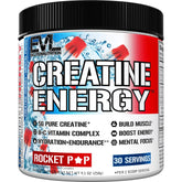EVL Creatine Energy Rocket Pop flavor bottle and 5g creatine monohydrate per serving