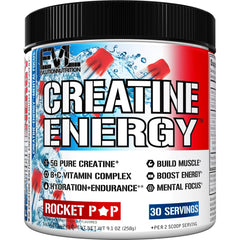 EVL Creatine Energy Rocket Pop flavor bottle and 5g creatine monohydrate per serving