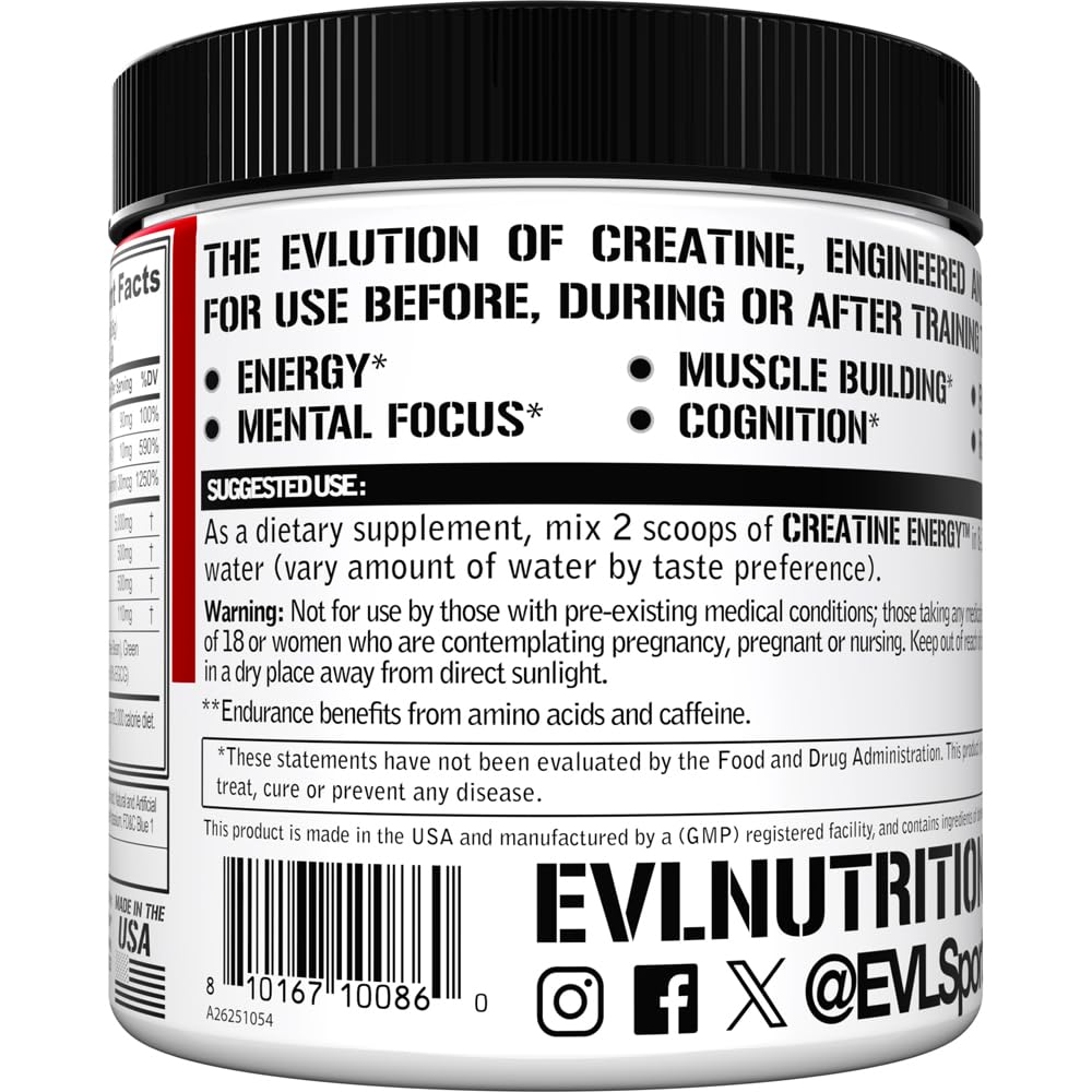 Serving scoop of EVL Creatine Energy showing 5g creatine monohydrate per serving