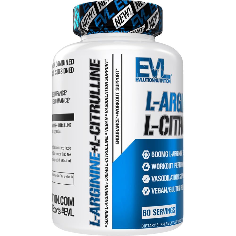 60-serving bottle of Evlution Nutrition L-Arginine + L-Citrulline endurance supplement